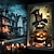 abordables Tapices de pared-Decoraciones para ventanas de Halloween, póster de cortina de tela con calavera en llamas para Halloween, decoración para ventanas y puertas para casas embrujadas, calcomanías aterradoras para