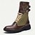 cheap Work Boots-Men&#039;s Brown Faux Leather and Green Canvas Motorcycle Boots with Double Buckle Straps - Rugged Biker Boots for Riding and Outdoor Adventures