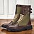 cheap Work Boots-Men&#039;s Brown Faux Leather and Green Canvas Motorcycle Boots with Double Buckle Straps - Rugged Biker Boots for Riding and Outdoor Adventures