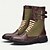 cheap Work Boots-Men&#039;s Brown Faux Leather and Green Canvas Motorcycle Boots with Double Buckle Straps - Rugged Biker Boots for Riding and Outdoor Adventures