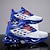 billige Herresneakers-blå atletiske sneakers til mænd med unikt hulsåldesign, åndbar strikoverdel og flammedetaljer – lette løbesko med orange accenter