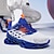 billige Herresneakers-blå atletiske sneakers til mænd med unikt hulsåldesign, åndbar strikoverdel og flammedetaljer – lette løbesko med orange accenter