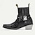 cheap Biker Boots-Men&#039;s Black Faux Leather Motorcycle Boots with Flame Embroidery and Metal Buckle – Western Style Ankle Boots for Biker Fashion and Casual Wear