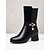 baratos Botas da moda-botas femininas de inverno de cano médio com forro de pele de couro sintético preto com pingente de estrela e saltos altos – calçado elegante e quente para o tempo frio