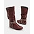 levne Slouch Boots-Dámské vínové kozačky z umělé kůže do poloviny lýtek – volné ploché jezdecké boty s opletenými pásky na podzimní výlety, cestování a outdoorové festivaly
