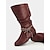 levne Slouch Boots-Dámské vínové kozačky z umělé kůže do poloviny lýtek – volné ploché jezdecké boty s opletenými pásky na podzimní výlety, cestování a outdoorové festivaly