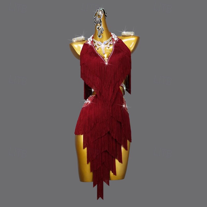 ieftine rochie de concurs-Rochie de dans latino cu ciucuri cu strasuri, pentru femei, fără mâneci, salsa, rumba, costume de dans pentru scenă