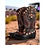 abordables Para mujeres-Botas vaqueras occidentales con bordado de llamas negras para mujer: botas retro hasta la rodilla con tacón bajo para festivales de música, disfraces de Halloween y cosplay.