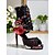 tanie Buty do tańców latynoskich-Damskie buty do tańca w kwiaty - satynowe, odkryte palce, profesjonalne buty do tańca latynoskiego na wysokim obcasie z eleganckim nadrukiem róż, idealne do salsy, tanga i występów scenicznych