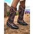 abordables Para mujeres-Botas vaqueras occidentales con bordado de llamas negras para mujer: botas retro hasta la rodilla con tacón bajo para festivales de música, disfraces de Halloween y cosplay.