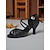 preiswerte Lateinamerikanische Schuhe-Schwarze Latein-Tanzschuhe für Damen aus Satin mit gekreuzten Riemen, Strassschnalle, offener Spitze, hohem Absatz – professionelles Standard-Performance-Schuhwerk für Wettkämpfe und Training