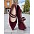 ieftine Pantofi Joși de Damă-Pantofi sport damă cu vârful ascuțit, din catifea vișinie, cu barete duble – pantofi eleganți, stil retro șic, pentru petreceri de Crăciun, evenimente de sărbători și reuniuni festive