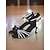 abordables Chaussures de danses latines-Sandales de danse latine noires à strass pour femmes - Chaussures de salon professionnelles à lanières et paillettes avec bride à la cheville et talons moyens pour la salsa, le tango et la performance