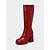 preiswerte Modische Stiefel-Kniehohe Damen-Go-Go-Stiefel aus rotem Lack-Kunstleder mit klobigem Blockabsatz – stylische Winterstiefel mit hohem Absatz für Weihnachtsfeiern &amp; festliche Anlässe