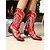 cheap Fashion Boots-Women's Red Patent Faux Leather Cowboy Boots with Glittering Embroidery, Western Style, Chunky Heel, Perfect for Christmas, Country Music Events and Holiday Celebrations