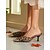 baratos Festa da Vida Noturna-Mules femininas de bico fino com estampa de leopardo e detalhe em metal dourado - elegantes sapatos de salto baixo para looks noturnos, de balada e festas.