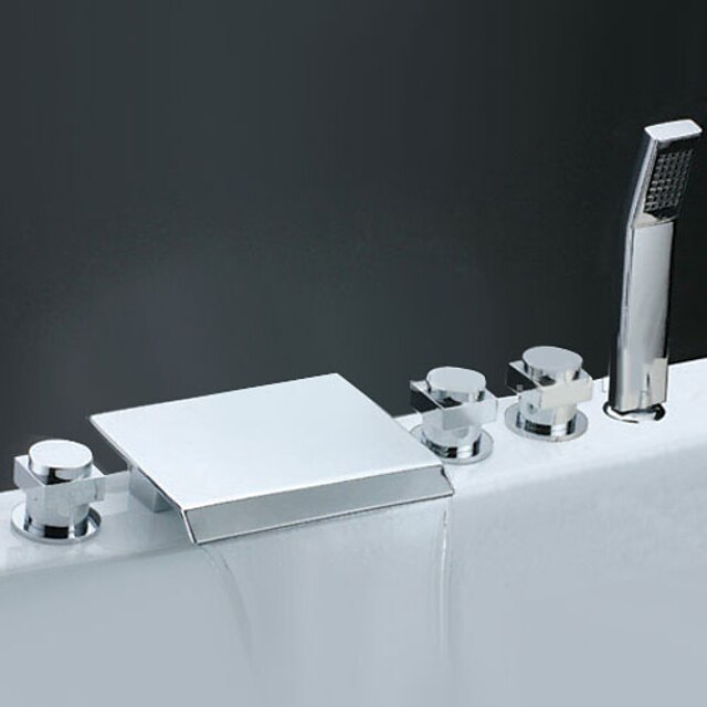  Bathtub Faucet - Contemporary Chrome Roman Tub Ceramic Valve Bath Shower Mixer Taps / Brass / Three Handles Five Holes