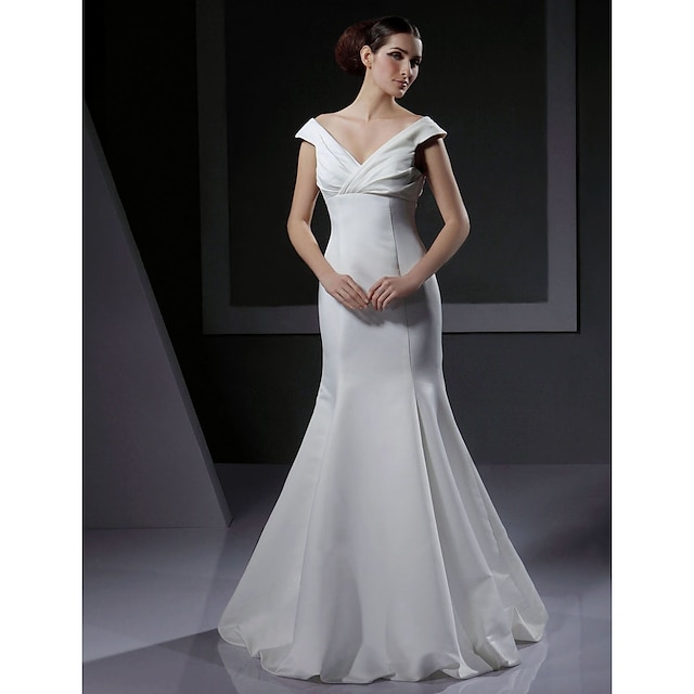  Mermaid / Trumpet Wedding Dresses V Neck Floor Length Satin Short Sleeve with Criss-Cross 2022