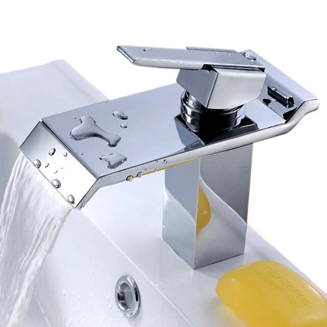  Contemporary Waterfall Ceramic Valve Single Handle One Hole Chrome, Bathroom Sink Faucet