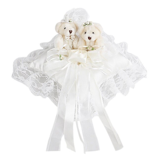  Lovely Flower And Little Bear Decoration Smooth Satin Wedding Ring Pillow