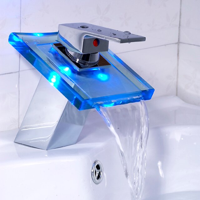  Contemporary Centerset LED Waterfall with  Ceramic Valve Single Handle One Hole for  Chrome , Bathroom Sink Faucet