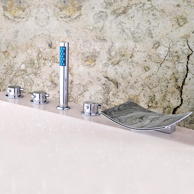  Robinet de baignoire - Moderne Chrome Baignoire romaine Soupape céramique Bath Shower Mixer Taps / Laiton / Trois poignées cinq trous