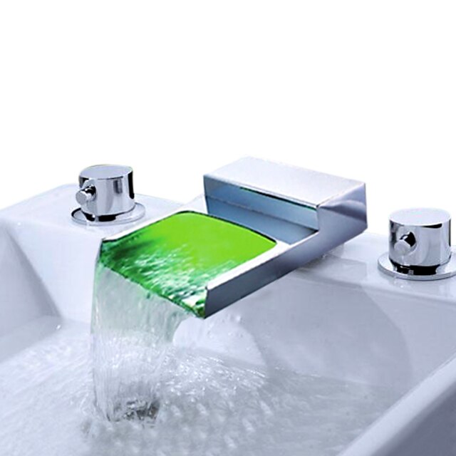 Bathroom Sink Faucet - Waterfall / LED Chrome Widespread Three Holes / Two Handles Three Holes