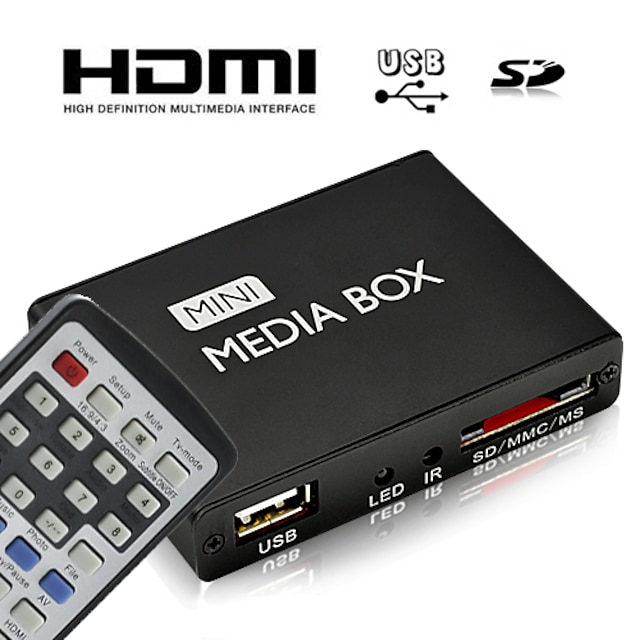  HD mini reproductor multimedia con control remoto, salida hdmi