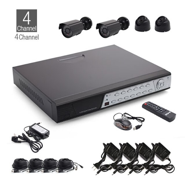  4CH CCTV kit + 2pcs noir caméra dôme + 2pcs noir caméra étanche + 500GB HDD