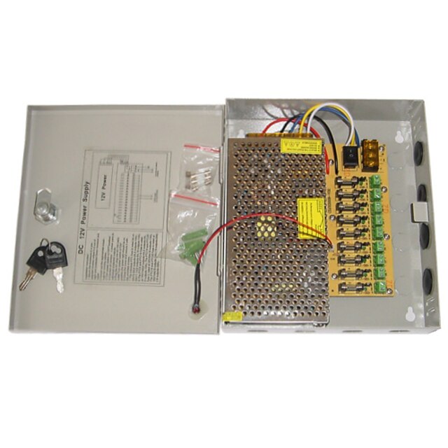  Power Supply 9-Channel 12V DC 10A Regulated for Security Systems 23.5*20.5*5cm 1.2kg