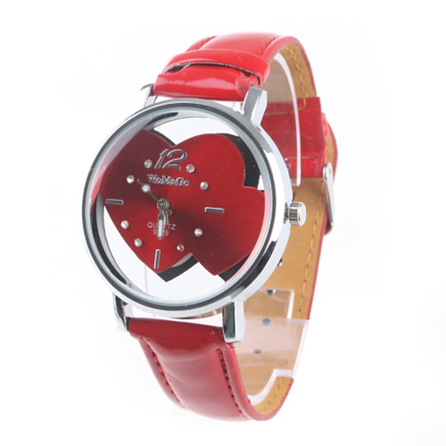  Women's Double Hearts Dial Red PU Band Quartz Wrist Watch Cool Watches Unique Watches