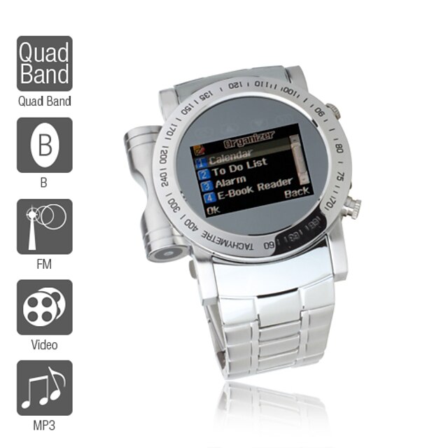  W980 - 1,5 calowy telefon komórkowy srebrny zegarek (fm, Czterozakresowy, mp3 mp4 player)