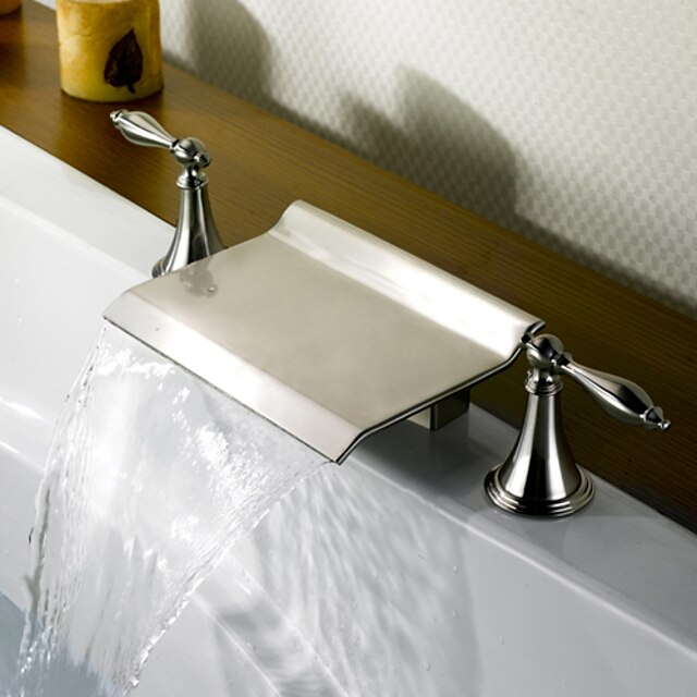  Robinet de baignoire - contemporain Nickel brossé Baignoire romaine Soupape céramique Bath Shower Mixer Taps / Laiton / Deux poignées trois trous