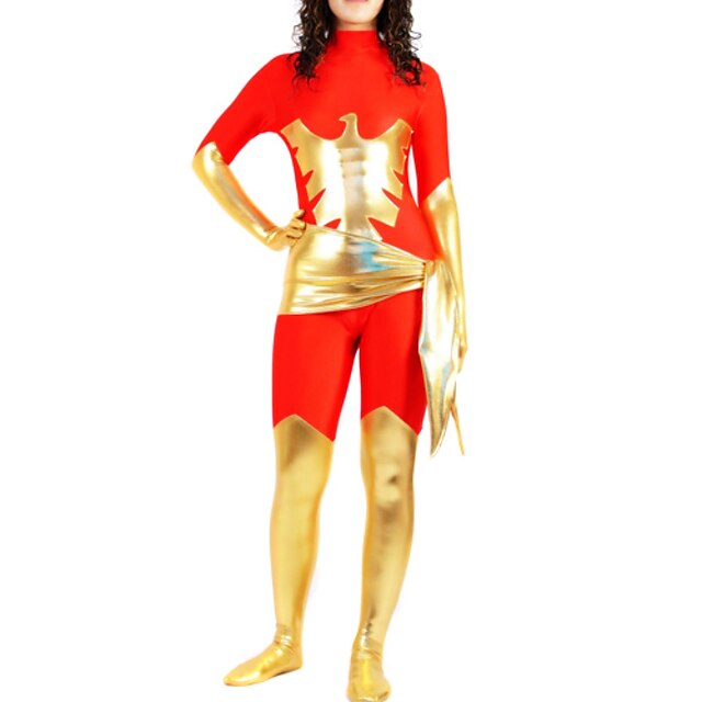  rosso lycra spandex catsuit con oro lucido metallizzato modello femminile