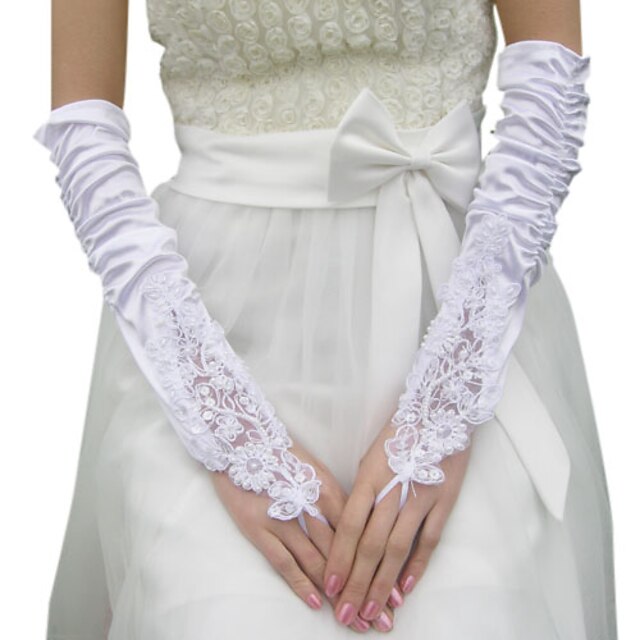  Satin Elbow Length Glove Bridal Gloves With Appliques