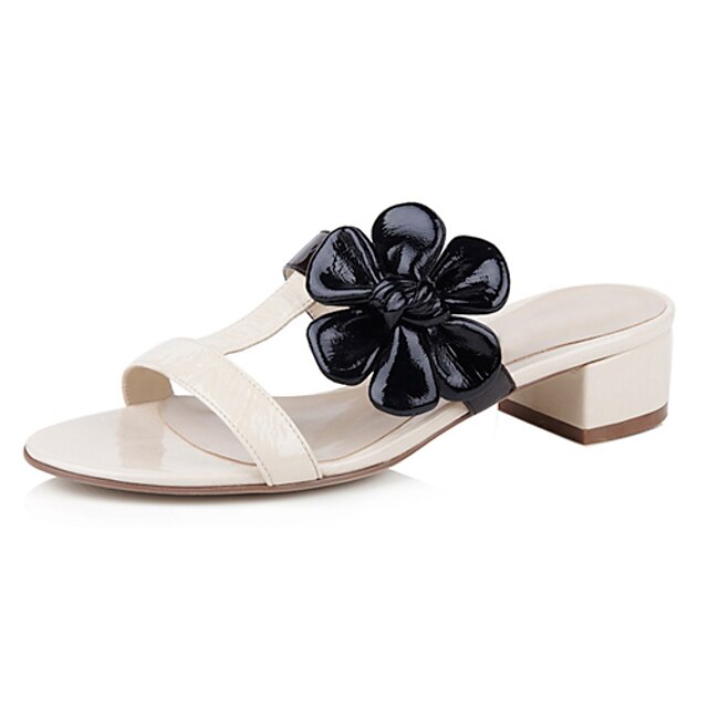  Leatherette T-strap Sandals With Low Chunky Heel And Flower (More Colors)