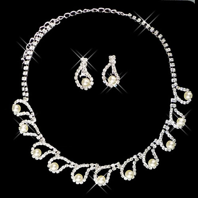  Silver Rhinestone Two Piece Dazzling Embedded-Pearl Ladies' Wedding Jewelry Set(45 cm)