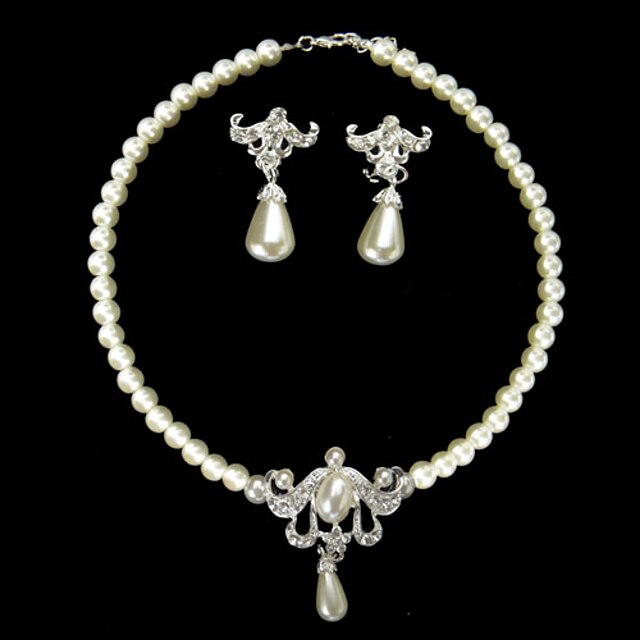  Ivory Pearl Two Piece Shimmer Ladies Necklace and Earrings Jewelry Set (38 cm)