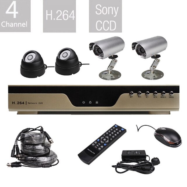  начального уровня все-в-одном 4-канальный DVR Kit с 4 камерами Sony (H.264, VGA, сетевой)