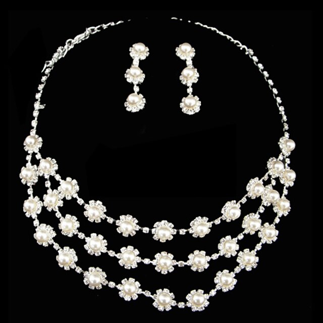  tre lager vit pärla damer smycken set med halsband och örhängen