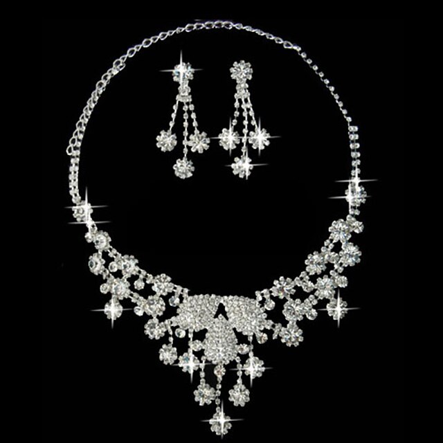  Silver Rhinestone Two Piece Graduated Flower Design Ladies' Wedding Jewelry Set(45 cm)