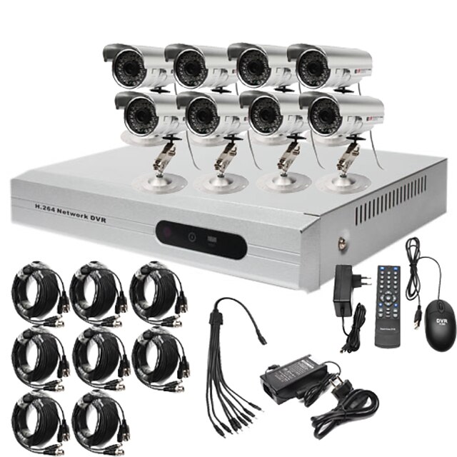  Ultra lav pris 8-kanals CCTV dvr kit (h. 264, 8 utendørs vanntett fargekameraer)