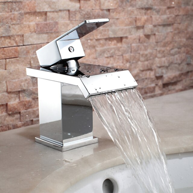  Contemporary Centerset Waterfall Ceramic Valve One Hole Single Handle One Hole Chrome, Bathroom Sink Faucet