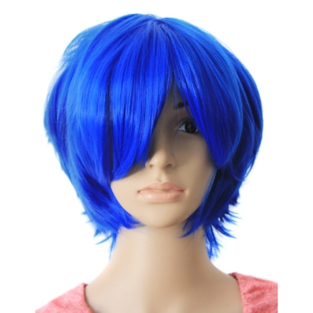 Capless högsta kvalitet kvalitet syntetiskt blå färg kort hår peruk