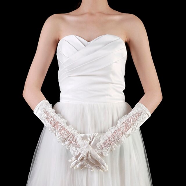  Satin / Lace Elbow Length Fingertips Bridal Gloves With Appliques (More Colors)