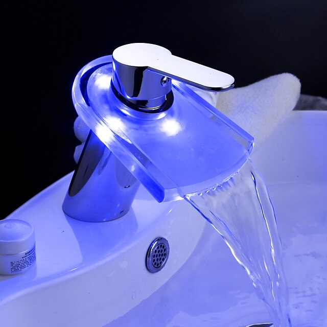 Bathroom Sink Faucet - Waterfall / LED Chrome Centerset One Hole / Single Handle One HoleBath Taps / Brass