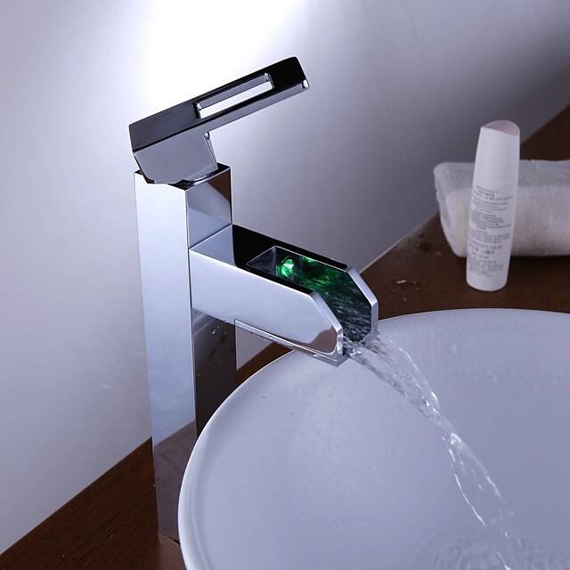  Contemporary Centerset Waterfall LED Ceramic Valve One Hole Single Handle One Hole Chrome, Bathroom Sink Faucet