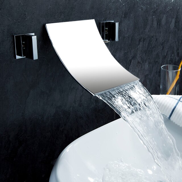  Bathroom Sink Faucet - Waterfall Chrome Wall Mounted Three Holes / Two Handles Three Holes