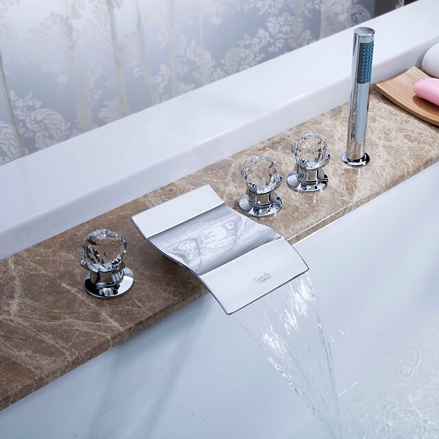  Bathtub Faucet - Contemporary Chrome Roman Tub Ceramic Valve Bath Shower Mixer Taps / Brass / Three Handles Five Holes