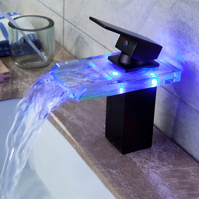  Oil Rubbed Bronze Color Changing LED Waterfall Bathroom Sink Faucet